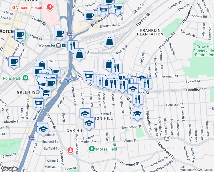 map of restaurants, bars, coffee shops, grocery stores, and more near 267 Grafton Street in Worcester