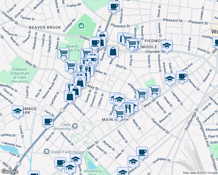 map of restaurants, bars, coffee shops, grocery stores, and more near 44 May Street in Worcester