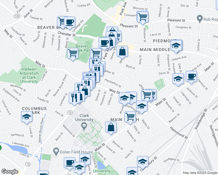 map of restaurants, bars, coffee shops, grocery stores, and more near 59 May Street in Worcester