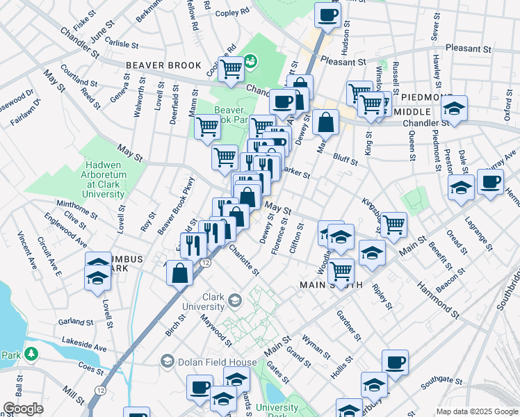 map of restaurants, bars, coffee shops, grocery stores, and more near 417 Park Avenue in Worcester