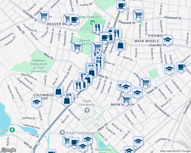 map of restaurants, bars, coffee shops, grocery stores, and more near 417 Park Avenue in Worcester