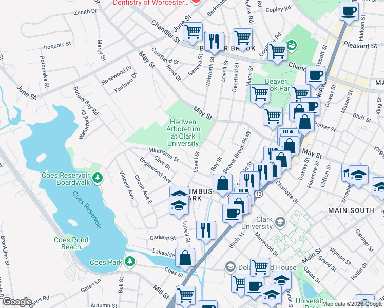 map of restaurants, bars, coffee shops, grocery stores, and more near 1 Willow Street in Worcester