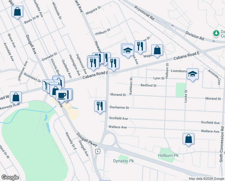 map of restaurants, bars, coffee shops, grocery stores, and more near 520 Morand Street in Windsor