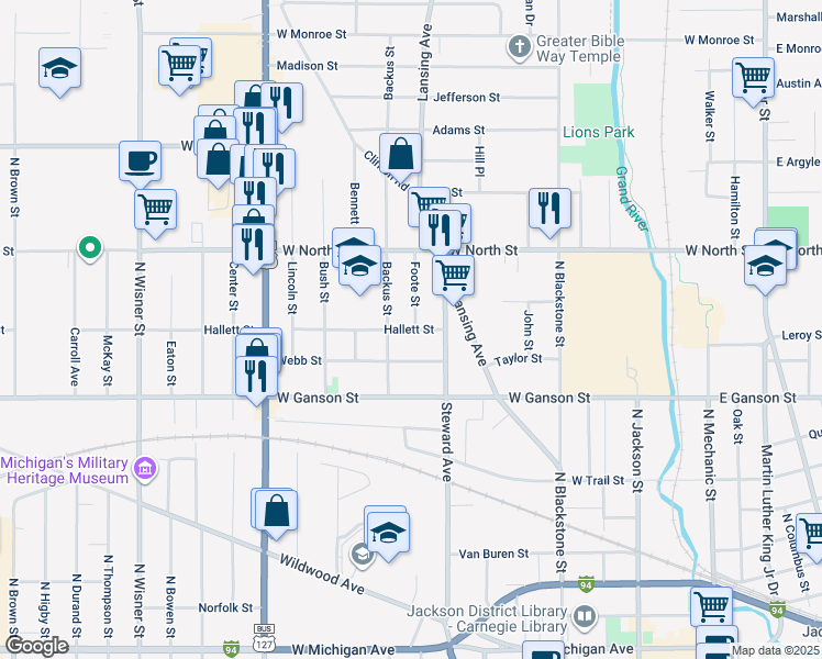 map of restaurants, bars, coffee shops, grocery stores, and more near 507 Hallett Street in Jackson