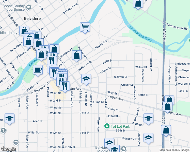map of restaurants, bars, coffee shops, grocery stores, and more near 538 Warren Avenue in Belvidere