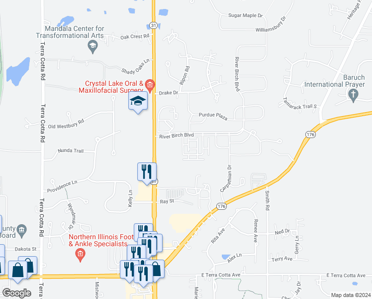 map of restaurants, bars, coffee shops, grocery stores, and more near 525 Cimmaron Circle in Crystal Lake