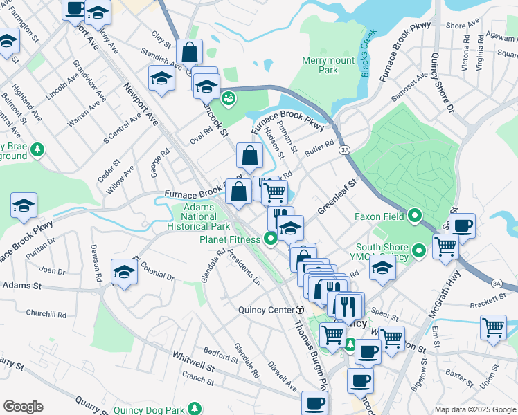 map of restaurants, bars, coffee shops, grocery stores, and more near 11 Thayer Street in Quincy