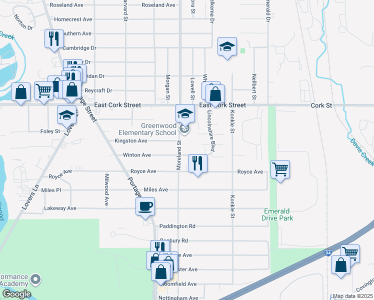 map of restaurants, bars, coffee shops, grocery stores, and more near 1815 Winton Avenue in Kalamazoo