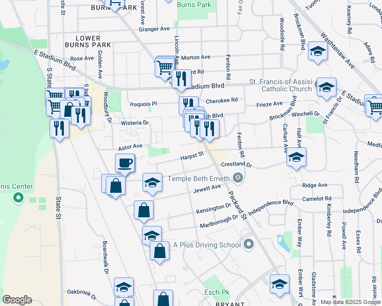 map of restaurants, bars, coffee shops, grocery stores, and more near 1435 Harpst Street in Ann Arbor