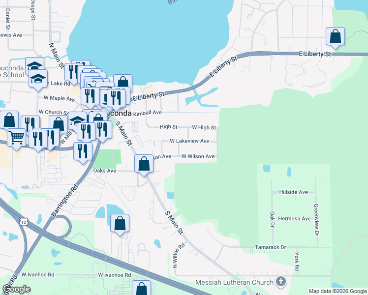 map of restaurants, bars, coffee shops, grocery stores, and more near 25622 West Wilson Avenue in Wauconda