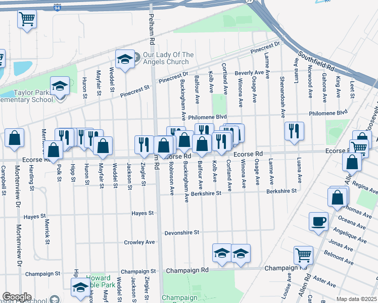 map of restaurants, bars, coffee shops, grocery stores, and more near 6960 Buckingham Avenue in Allen Park