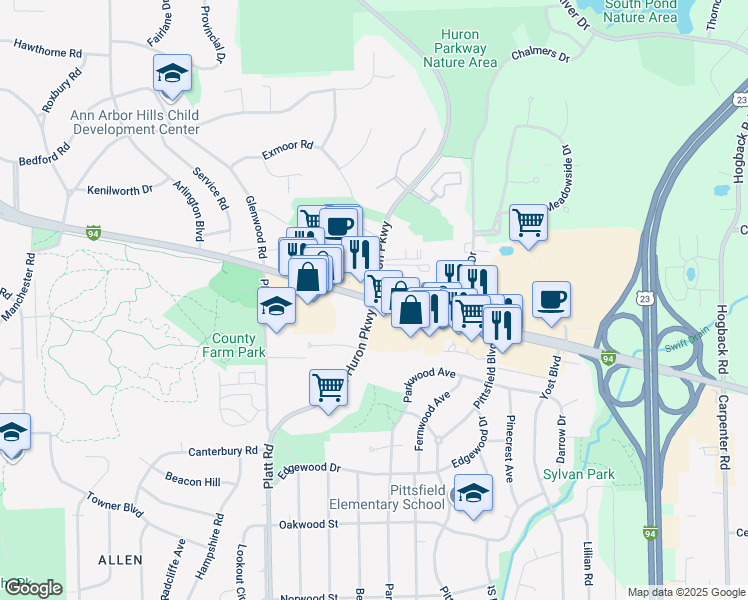 map of restaurants, bars, coffee shops, grocery stores, and more near 2345 Huron Parkway in Ann Arbor
