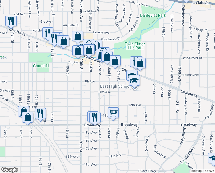 map of restaurants, bars, coffee shops, grocery stores, and more near 1015 23rd Street in Rockford