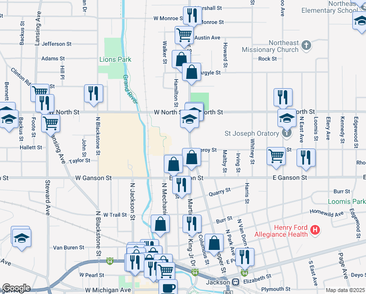map of restaurants, bars, coffee shops, grocery stores, and more near 900 Cooper Street in Jackson