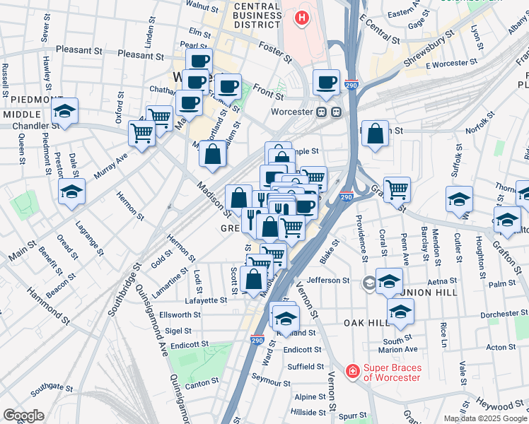 map of restaurants, bars, coffee shops, grocery stores, and more near Ash Street in Worcester