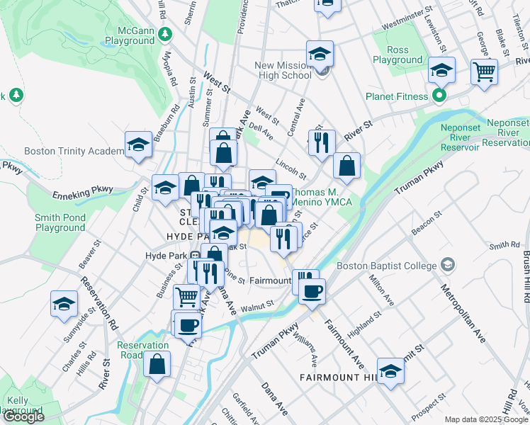 map of restaurants, bars, coffee shops, grocery stores, and more near 16 Central Avenue in Boston