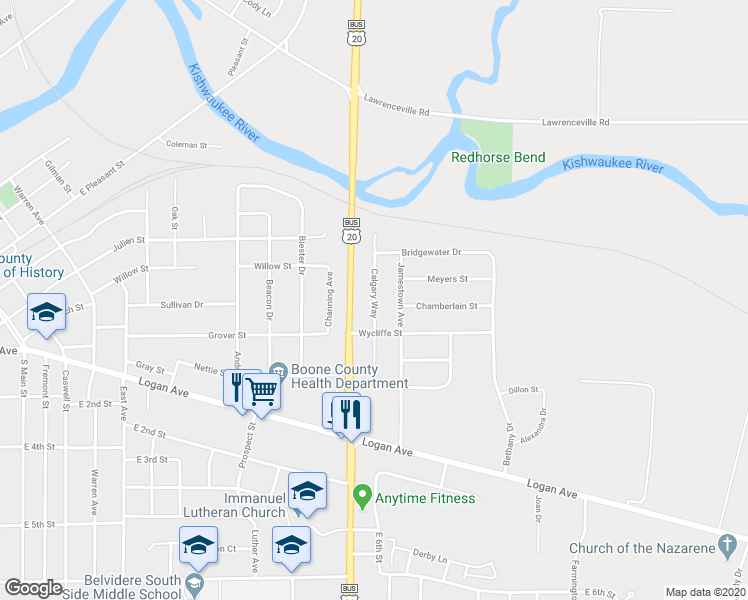 map of restaurants, bars, coffee shops, grocery stores, and more near 701 Calgary Way in Belvidere