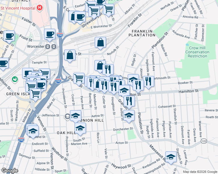 map of restaurants, bars, coffee shops, grocery stores, and more near 8 Wall Street in Worcester