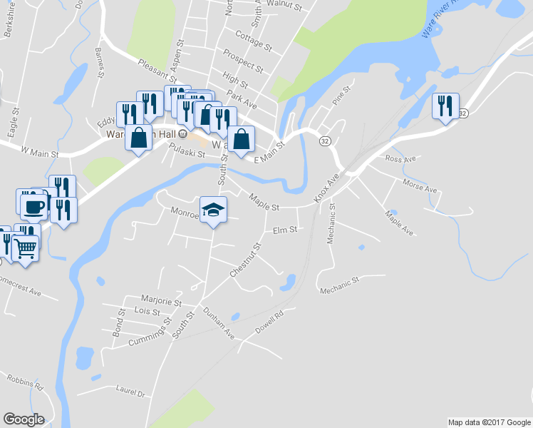 map of restaurants, bars, coffee shops, grocery stores, and more near 6 Chestnut Street in Ware