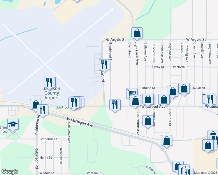 map of restaurants, bars, coffee shops, grocery stores, and more near 800 Brentwood Road in Jackson
