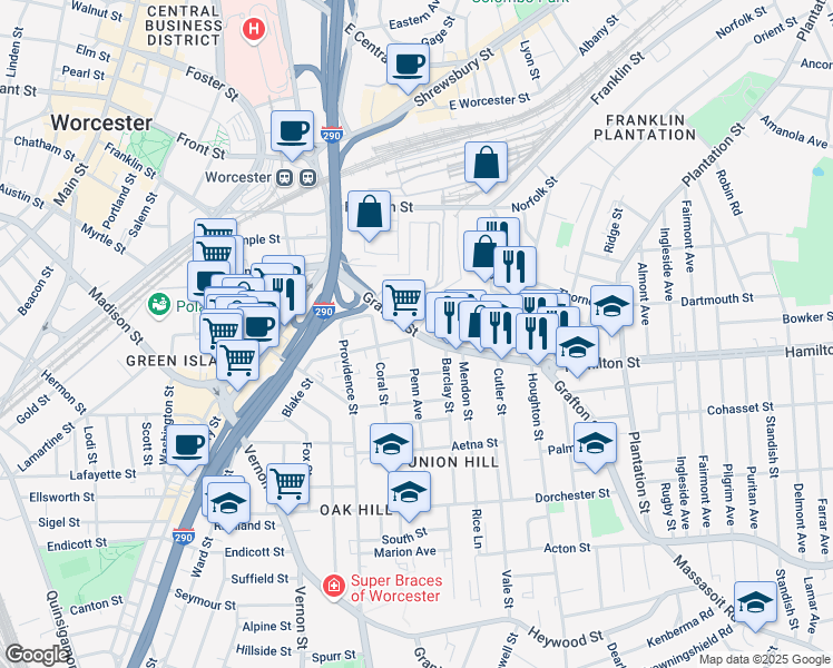 map of restaurants, bars, coffee shops, grocery stores, and more near 205 Grafton Street in Worcester