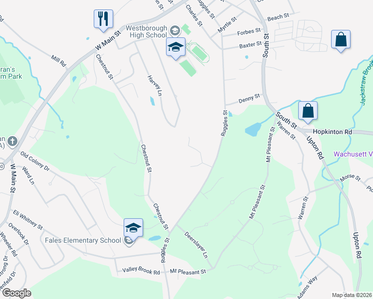 map of restaurants, bars, coffee shops, grocery stores, and more near 75 Ruggles Street in Westborough