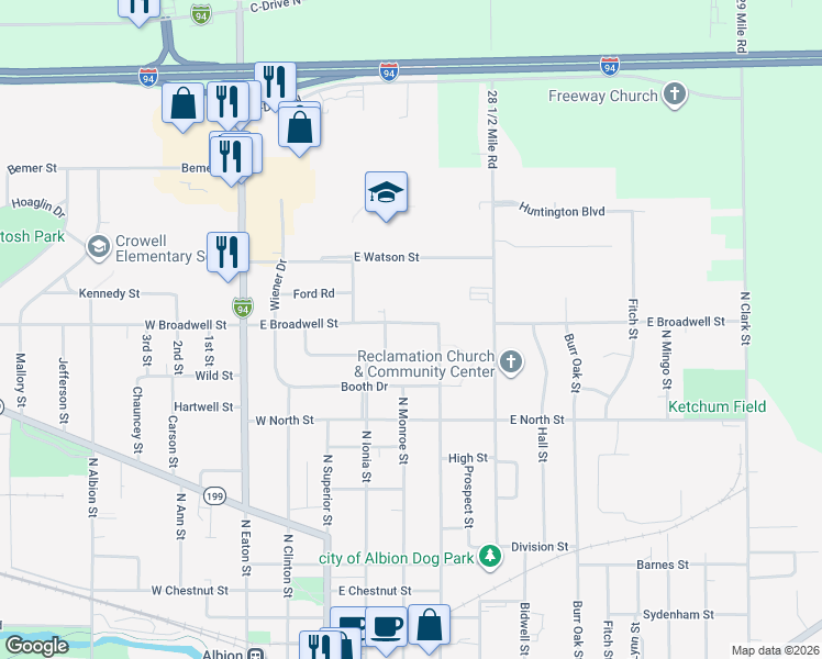map of restaurants, bars, coffee shops, grocery stores, and more near 406 East Broadwell Street in Albion