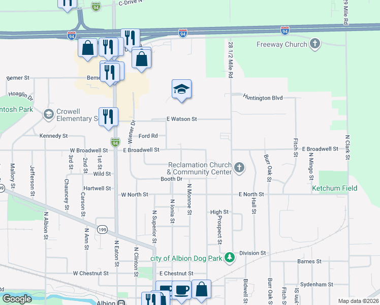map of restaurants, bars, coffee shops, grocery stores, and more near 406 East Broadwell Street in Albion
