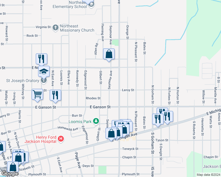 map of restaurants, bars, coffee shops, grocery stores, and more near 501 Seymour Avenue in Jackson