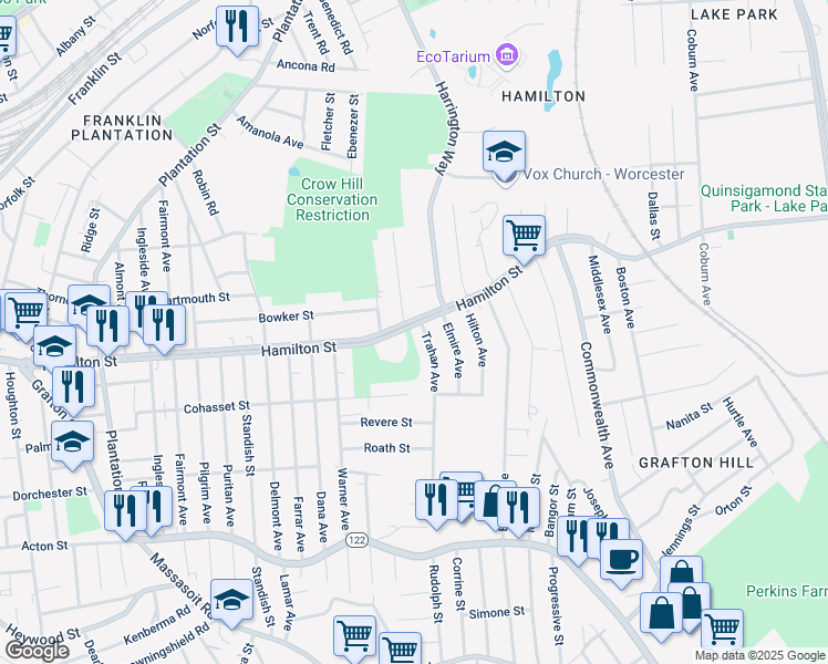 map of restaurants, bars, coffee shops, grocery stores, and more near 280 Hamilton Street in Worcester