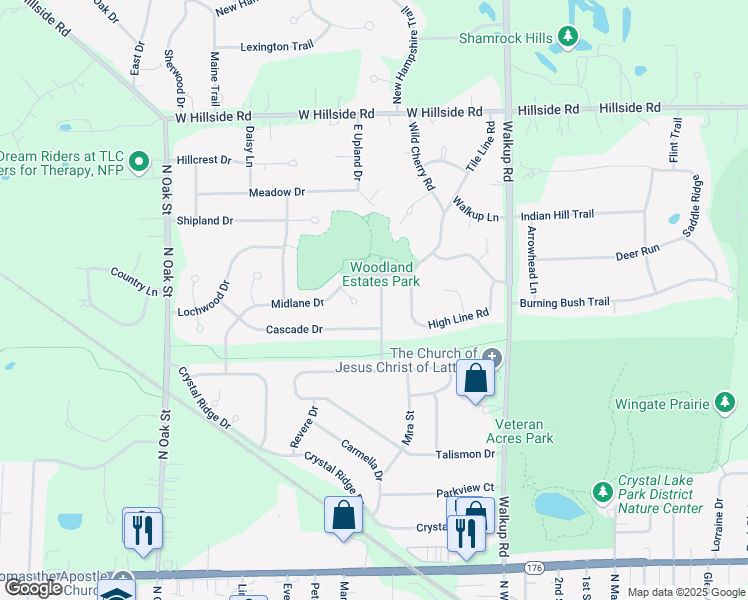 map of restaurants, bars, coffee shops, grocery stores, and more near 567 Larium Lane in Crystal Lake