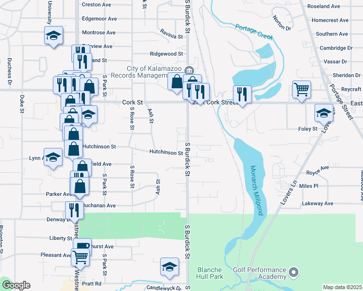 map of restaurants, bars, coffee shops, grocery stores, and more near 3434 South Burdick Street in Kalamazoo