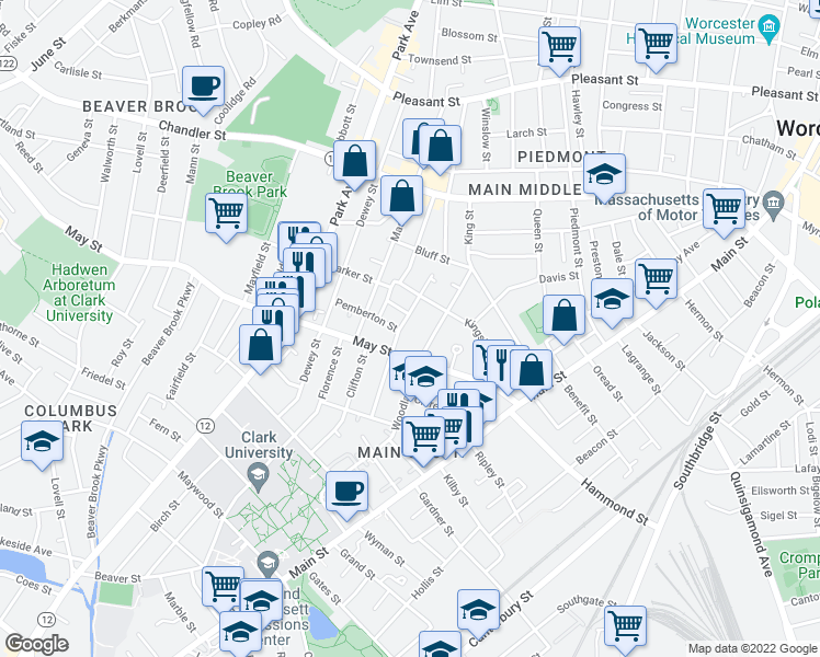 map of restaurants, bars, coffee shops, grocery stores, and more near 31 Hollywood Street in Worcester