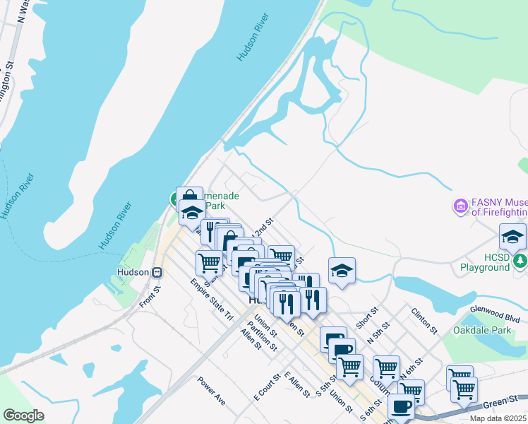 map of restaurants, bars, coffee shops, grocery stores, and more near 75 North 2nd Street in Hudson