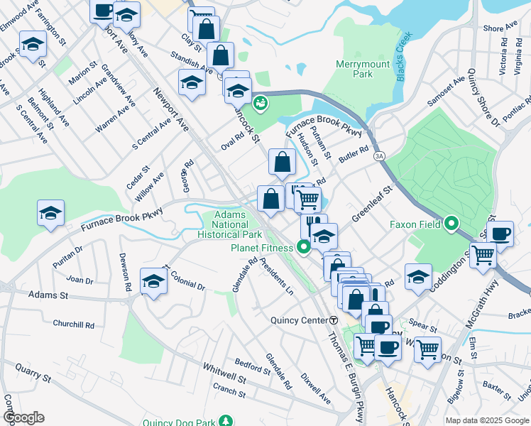 map of restaurants, bars, coffee shops, grocery stores, and more near 43 Bridge Street in Quincy