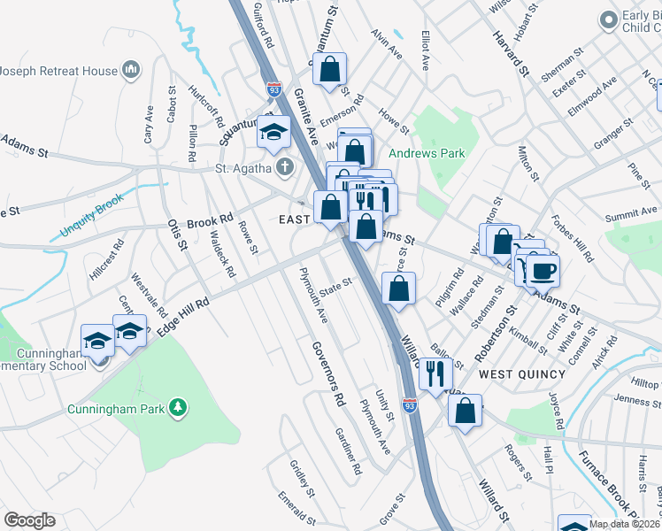 map of restaurants, bars, coffee shops, grocery stores, and more near 32 State Street in Milton