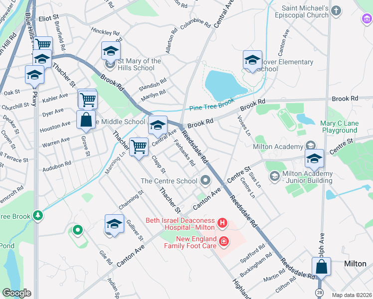 map of restaurants, bars, coffee shops, grocery stores, and more near 50 Fairbanks Road in Milton