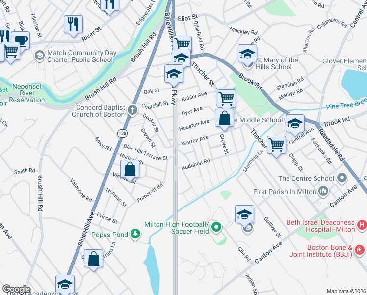 map of restaurants, bars, coffee shops, grocery stores, and more near 10 Fairlawn Avenue in Milton