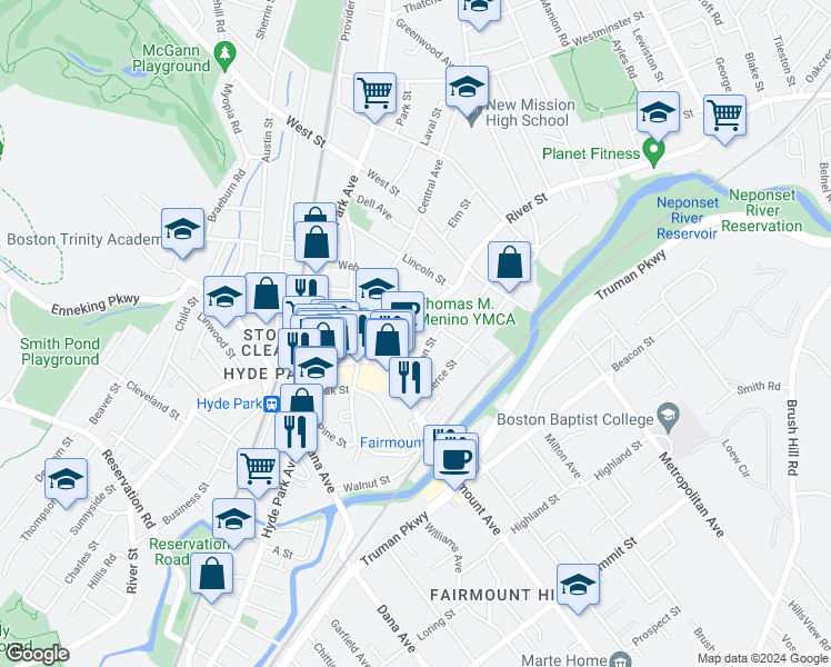 map of restaurants, bars, coffee shops, grocery stores, and more near 34 Davison Street in Boston