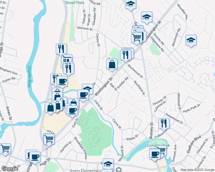 map of restaurants, bars, coffee shops, grocery stores, and more near 4 Ridge Avenue in Dedham