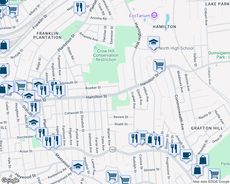 map of restaurants, bars, coffee shops, grocery stores, and more near 265 Hamilton Street in Worcester