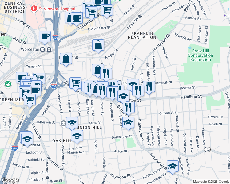 map of restaurants, bars, coffee shops, grocery stores, and more near 353 Grafton Street in Worcester