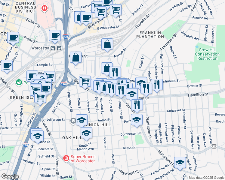 map of restaurants, bars, coffee shops, grocery stores, and more near in Worcester