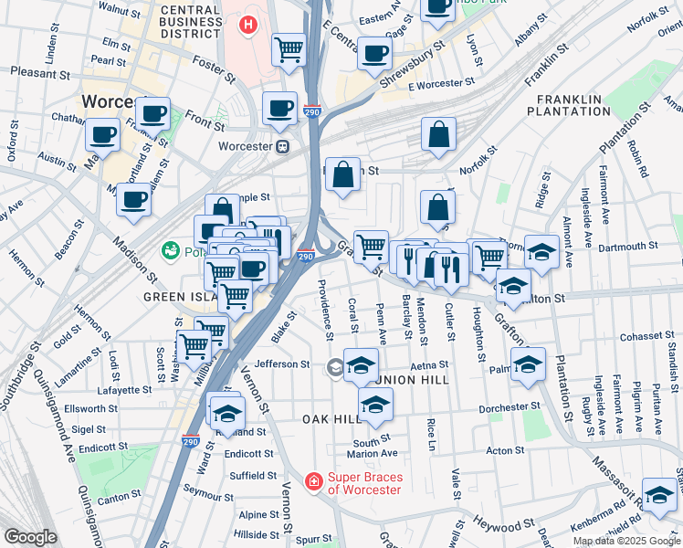map of restaurants, bars, coffee shops, grocery stores, and more near in Worcester