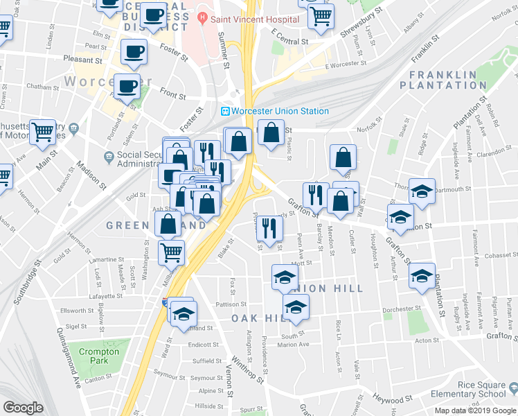 map of restaurants, bars, coffee shops, grocery stores, and more near 39 Providence Street in Worcester
