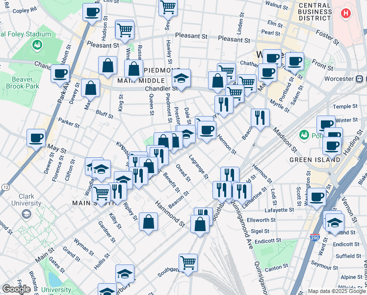 map of restaurants, bars, coffee shops, grocery stores, and more near 1 Piedmont Street in Worcester