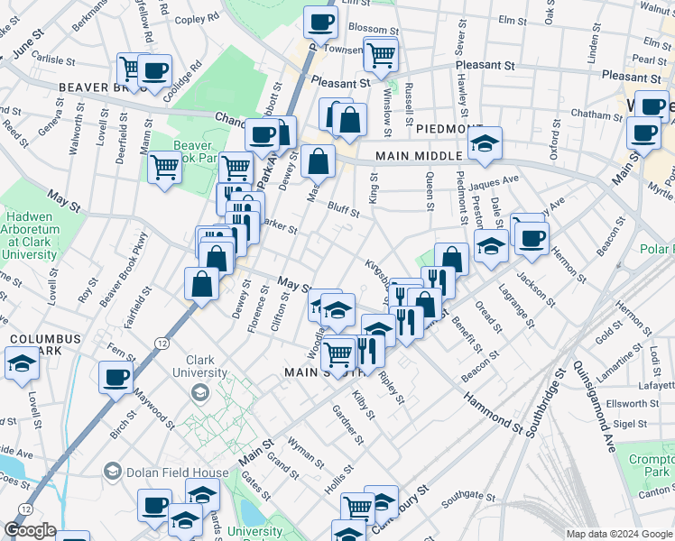 map of restaurants, bars, coffee shops, grocery stores, and more near 31 Hollywood Street in Worcester
