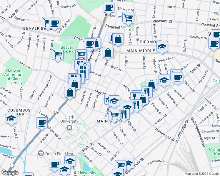 map of restaurants, bars, coffee shops, grocery stores, and more near 31 Hollywood Street in Worcester