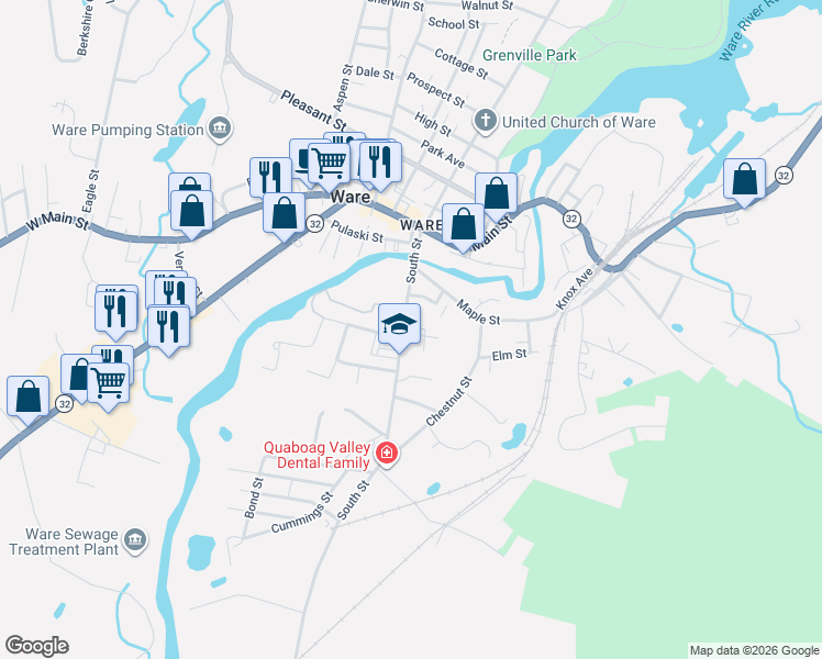 map of restaurants, bars, coffee shops, grocery stores, and more near 50 South Street in Ware