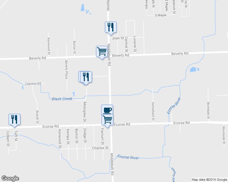 map of restaurants, bars, coffee shops, grocery stores, and more near 6785 Middlebelt Road in Romulus